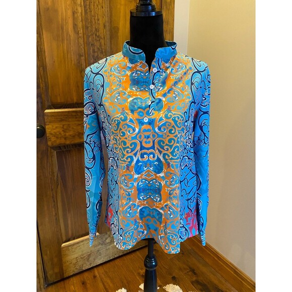 Boho Womens Blouse Size Large Button Down Blue Patterened Top Cuffed Sleeves - Picture 11 of 11